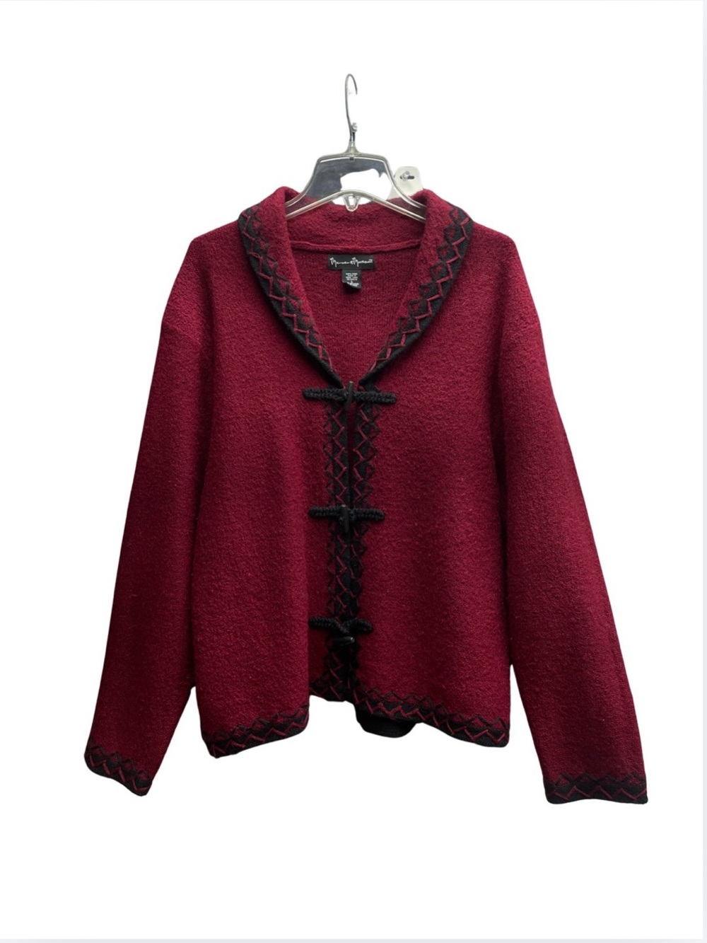 Mercer & Madison Red Black 100% Wool Cardigan Sweater Sz L